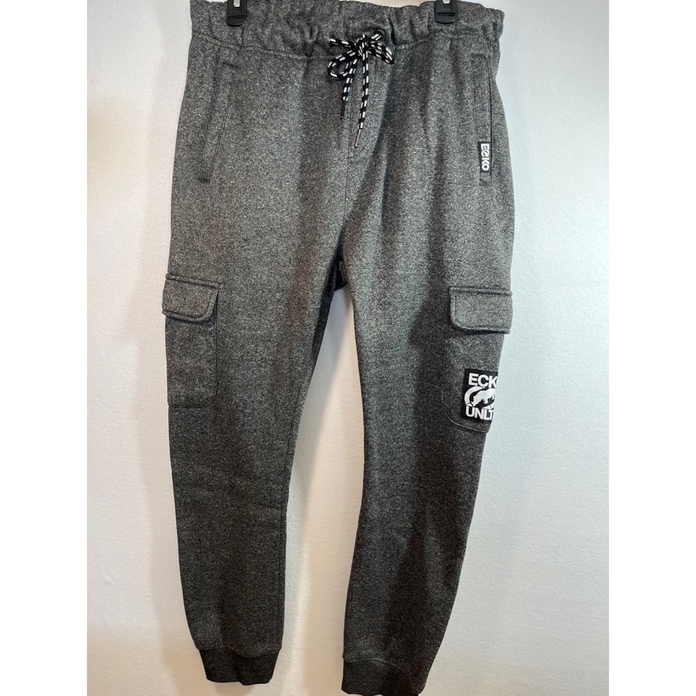 ECKO Unltd Joggers Mens LARGE Gray Cargo Elastic Waist Fleece Lined Sweat Pants